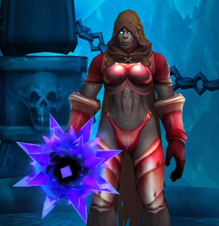 Menacing armored Death Knight character with glowing blue eyes standing in dark gothic environment with frost effects